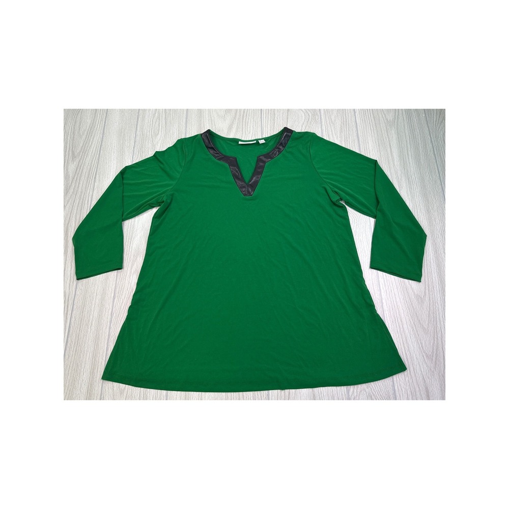 Susan Graver Emerald Green Faux Leather Trim V-Neck Tunic Top Large NEW